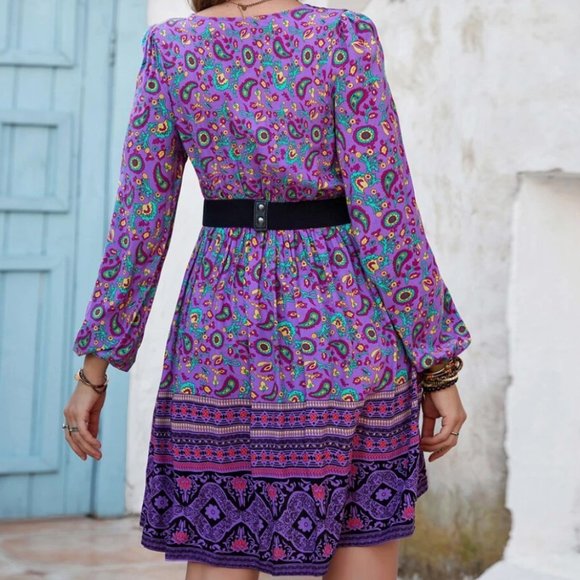 Boho gypsy floral print long sleeve mini dress - Picture 4 of 4
